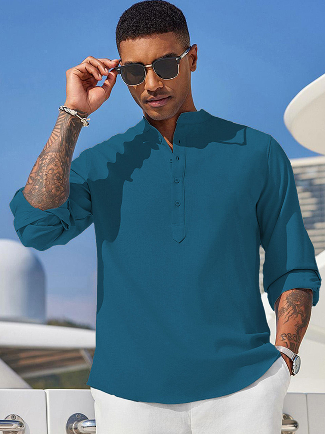Anouk Green Long Roll-Up Sleeves Cotton Kurta