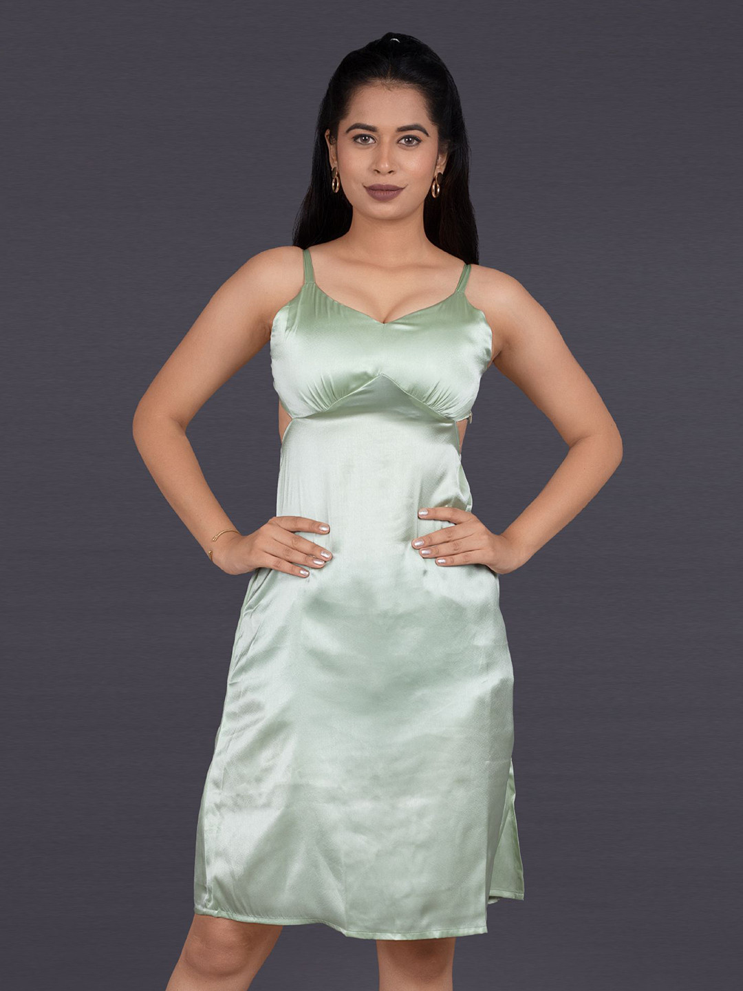 La Aimee Women Satin Shoulder Straps A-Line Knee Length Dress