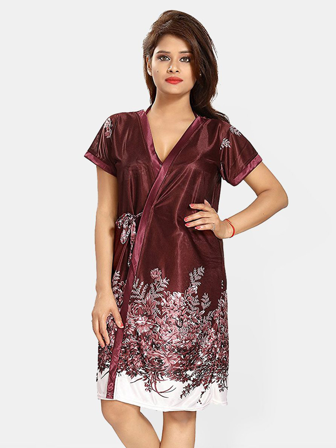 Be You Set Of 3 Women Satin Floral Printed Above Knee Wrap Nightdress with Lingerie Set