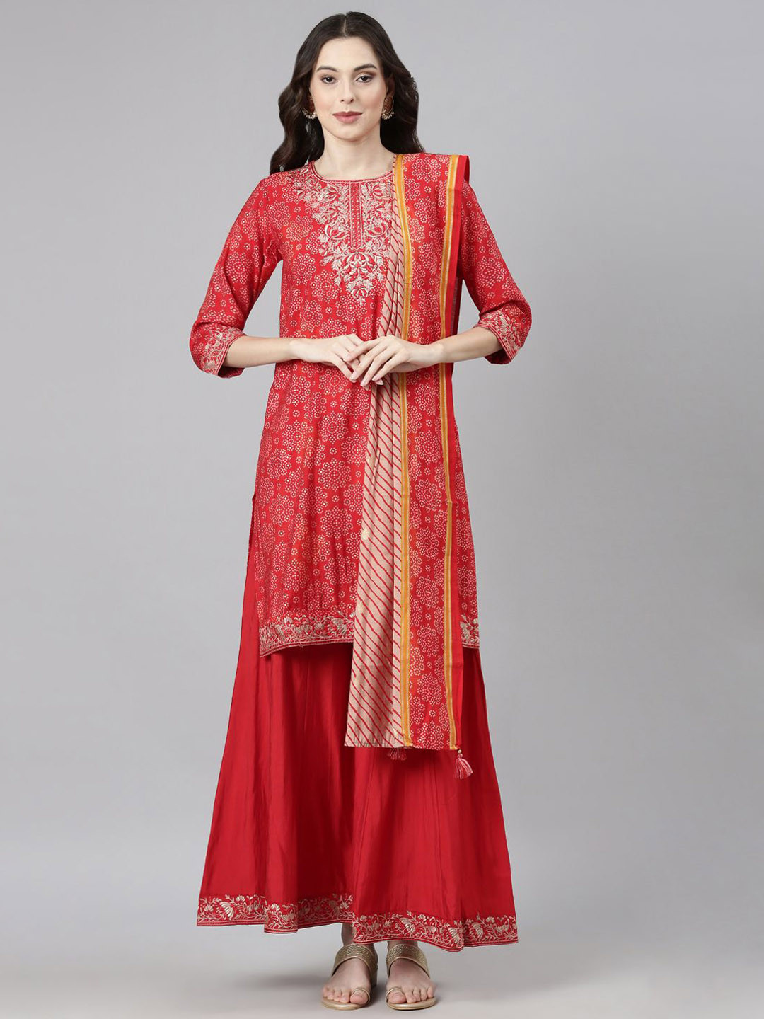 Neerus Bandhani Embroidered Kurti with Palazzo & Dupatta