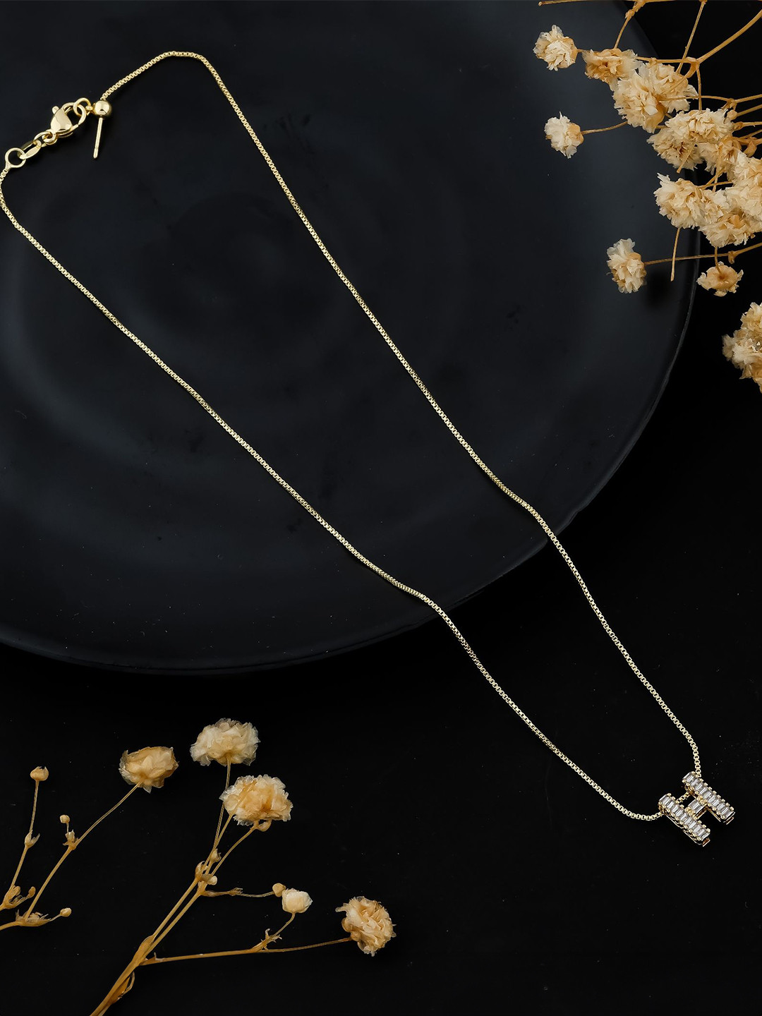 SKY SHOPPERS Gold-Plated Cubic Zirconia Stone Studded Alphabet H Pendant Chain
