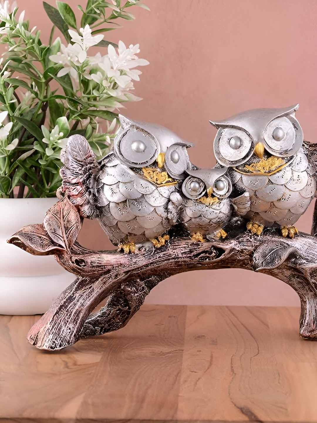 Zart Owl Family Brown Polyresin Natural Living Room Medium Showpiece - 7 Inches