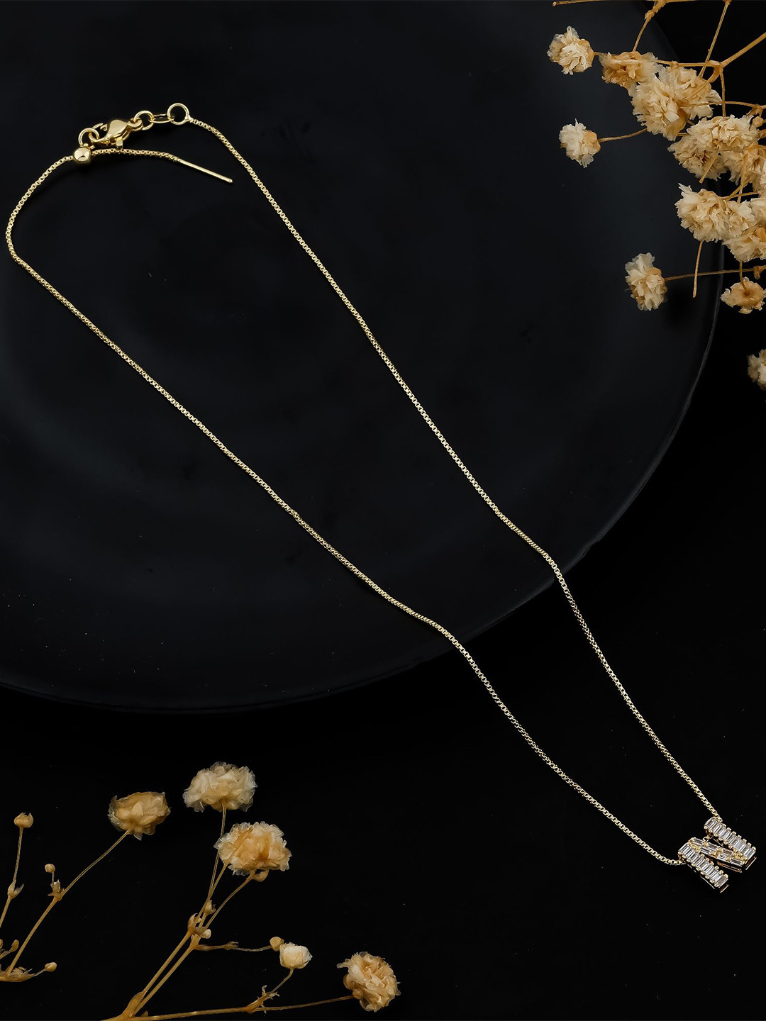 SKY SHOPPERS Gold-Plated Cubic Zirconia Stone Studded Alphabet N Pendant Chain