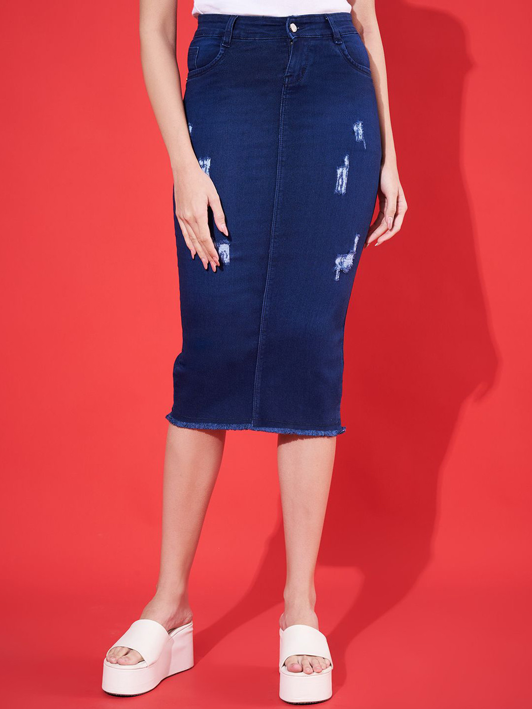 Purple Feather Light Washed Pencil Midi Skirts