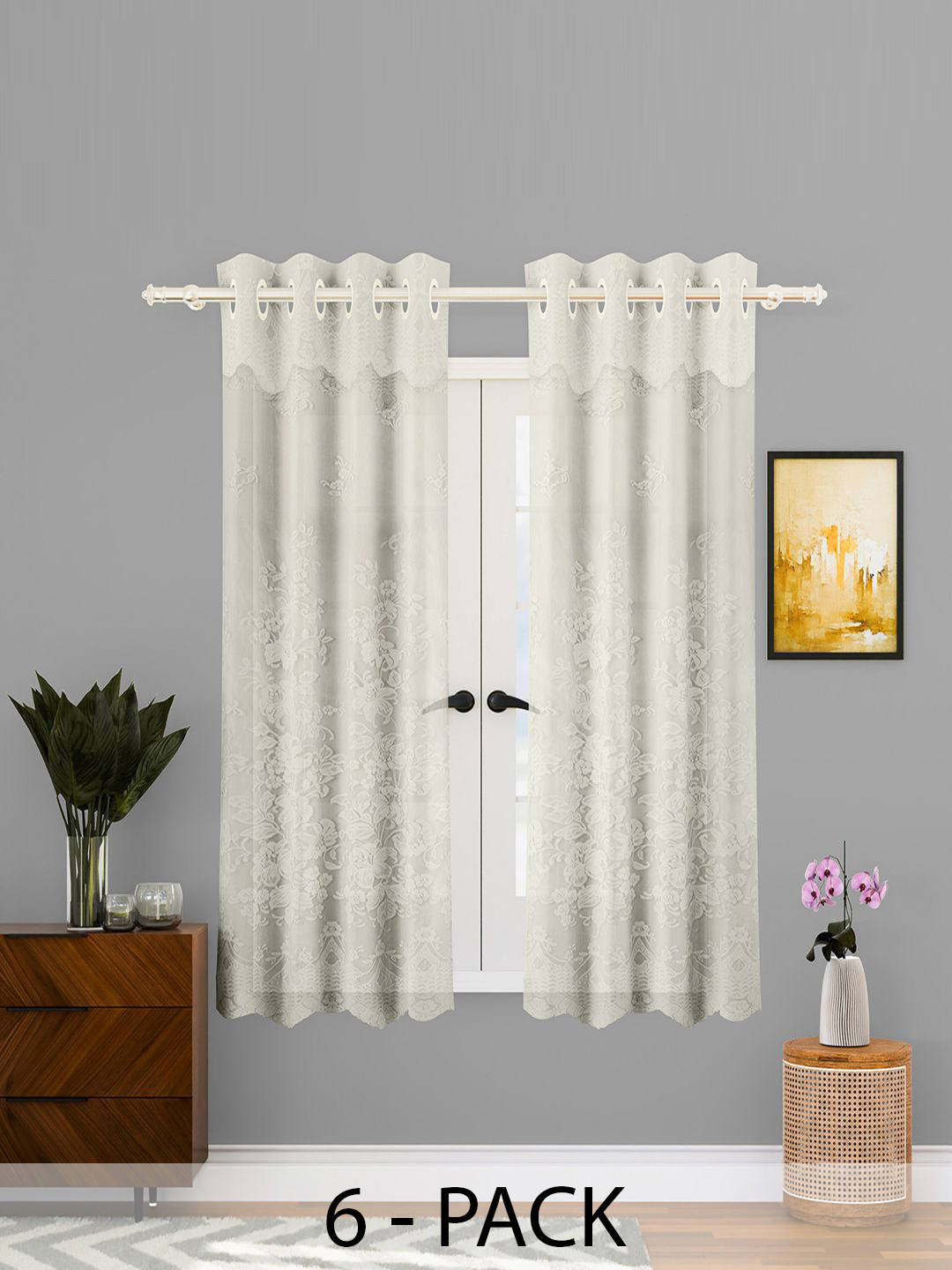 Kuber Industries Cream-Coloured 6 Pieces Self Design Cotton Eyelet Window Curtains