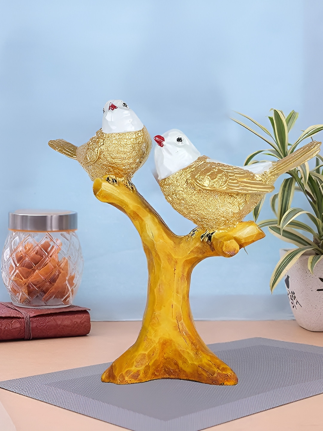 Zart Birds Gold Polyresin Natural Living Room Medium Showpiece - 9 Inches