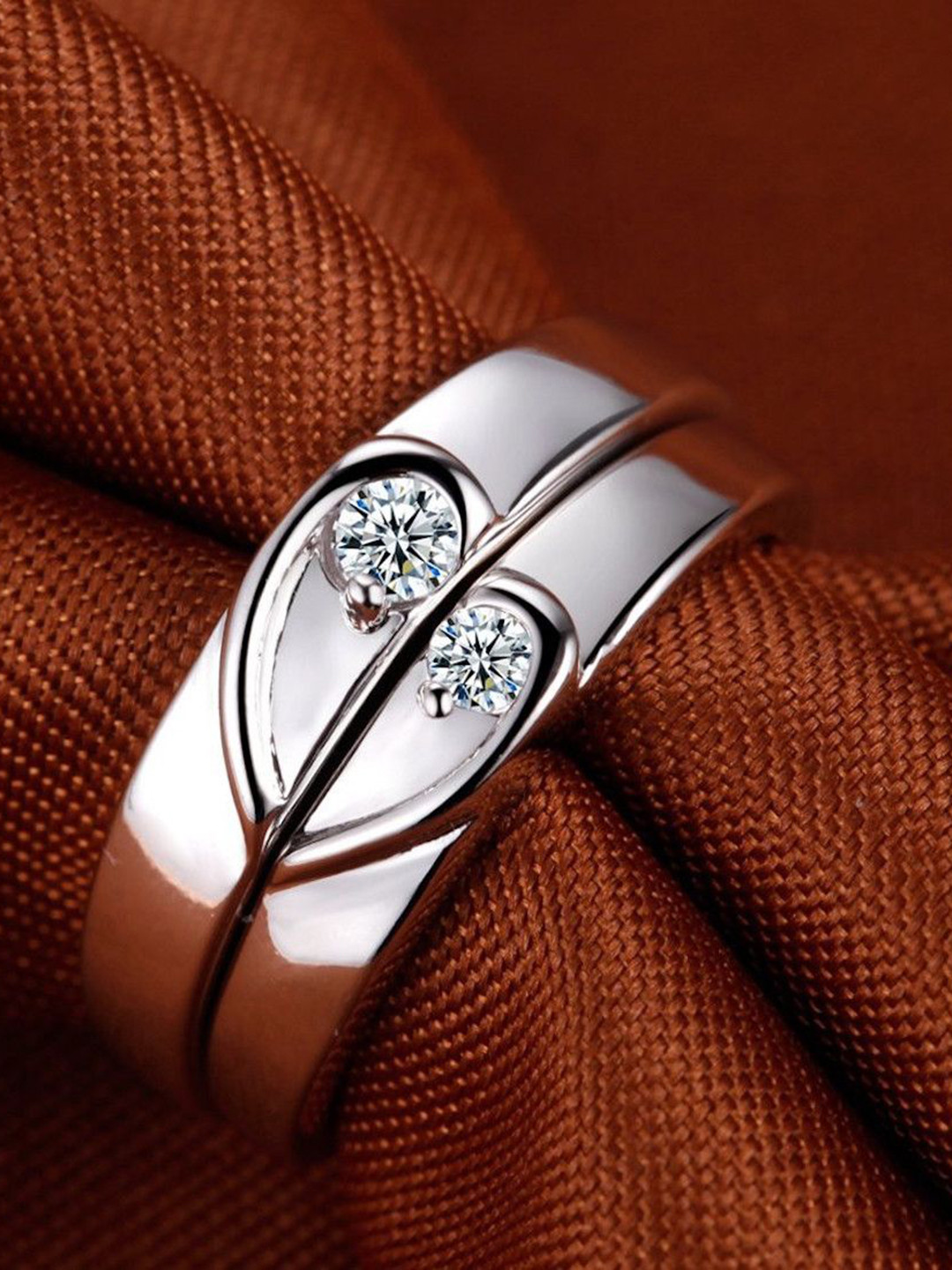 Nilu's Collection Set Of 2 925 Sterling Silver CZ-Studded Couple Adjustable Finger Rings