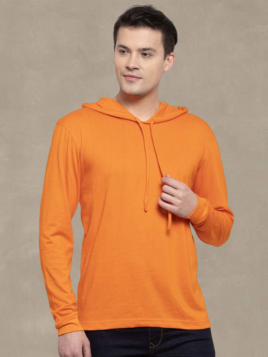 Friskers Men Orange Cotton Solid Hoodie T-shirt