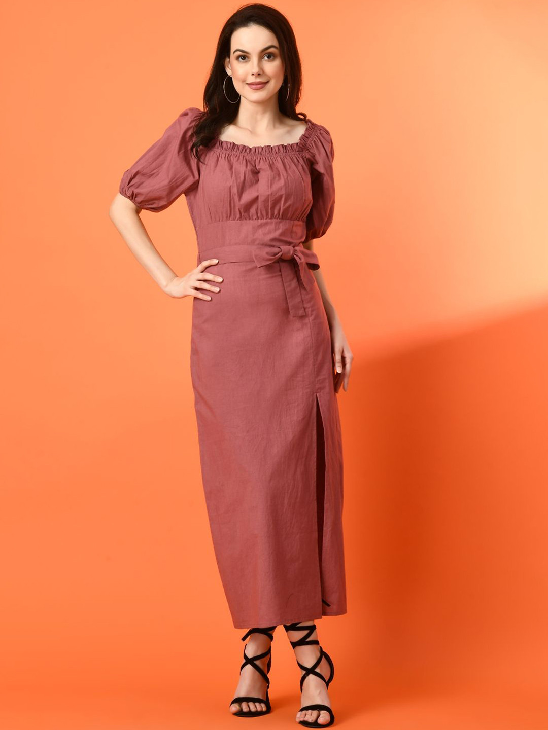 Fuchsia Women Maroon Puff Sleeve Cotton Maxi Dress