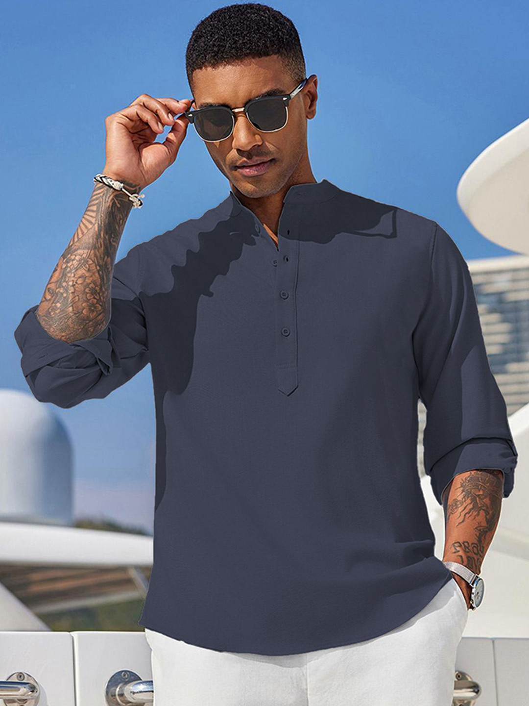 Anouk Grey Long Roll-Up Sleeves Cotton Short Kurta