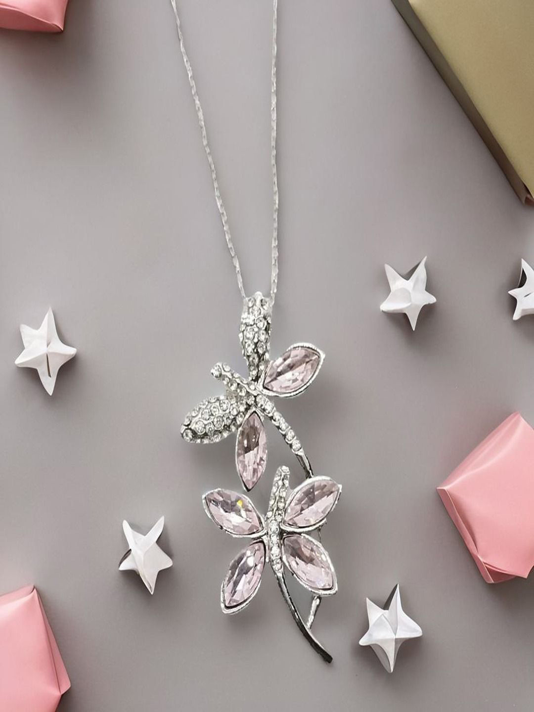 UNIVERSITY TRENDZ Silver-Plated Crystals Studded Floral Chain