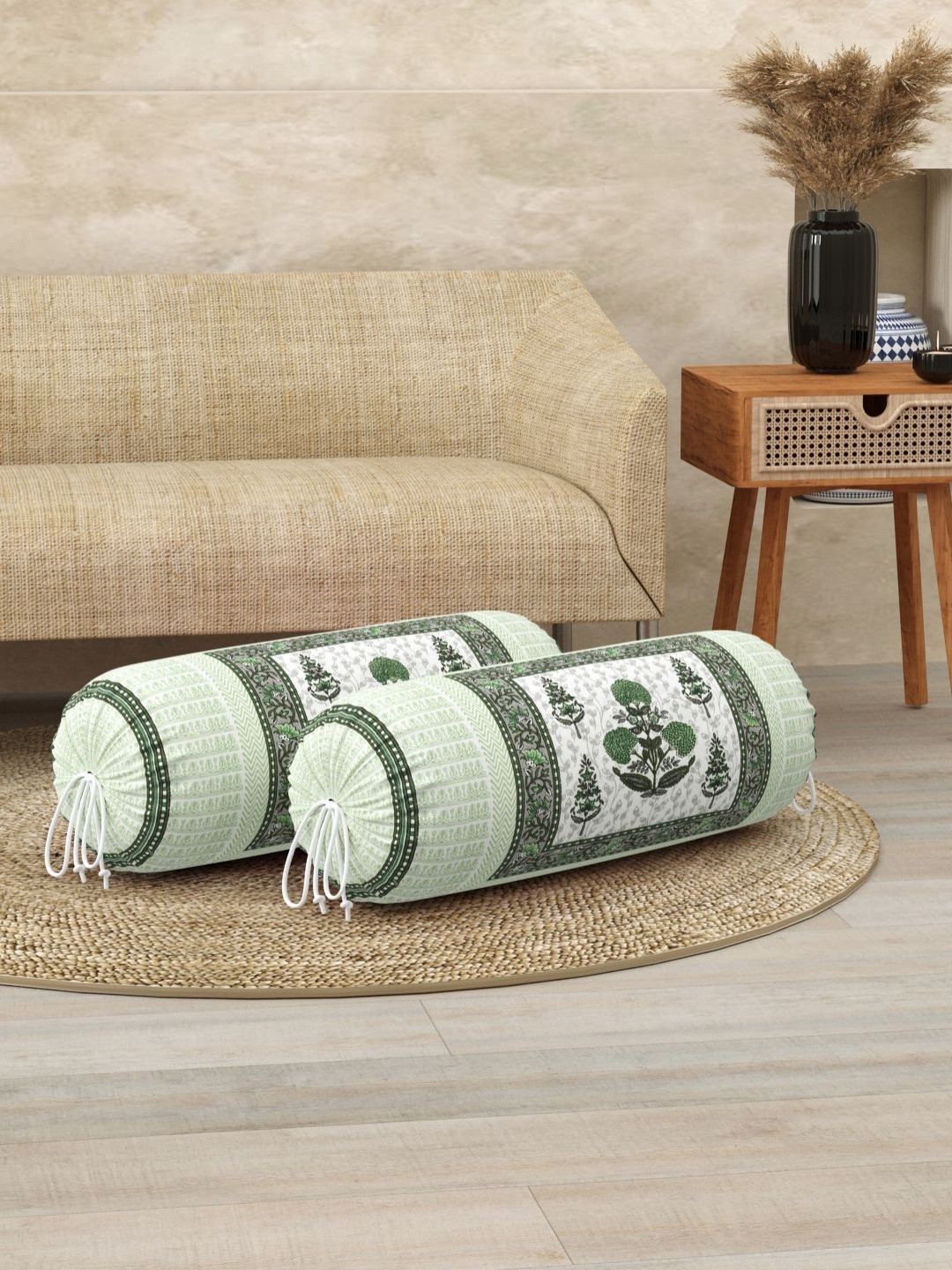 BLOCKS OF INDIA Green & Grey 2 Pieces Ethnic Motifs Printed Bolster Covers