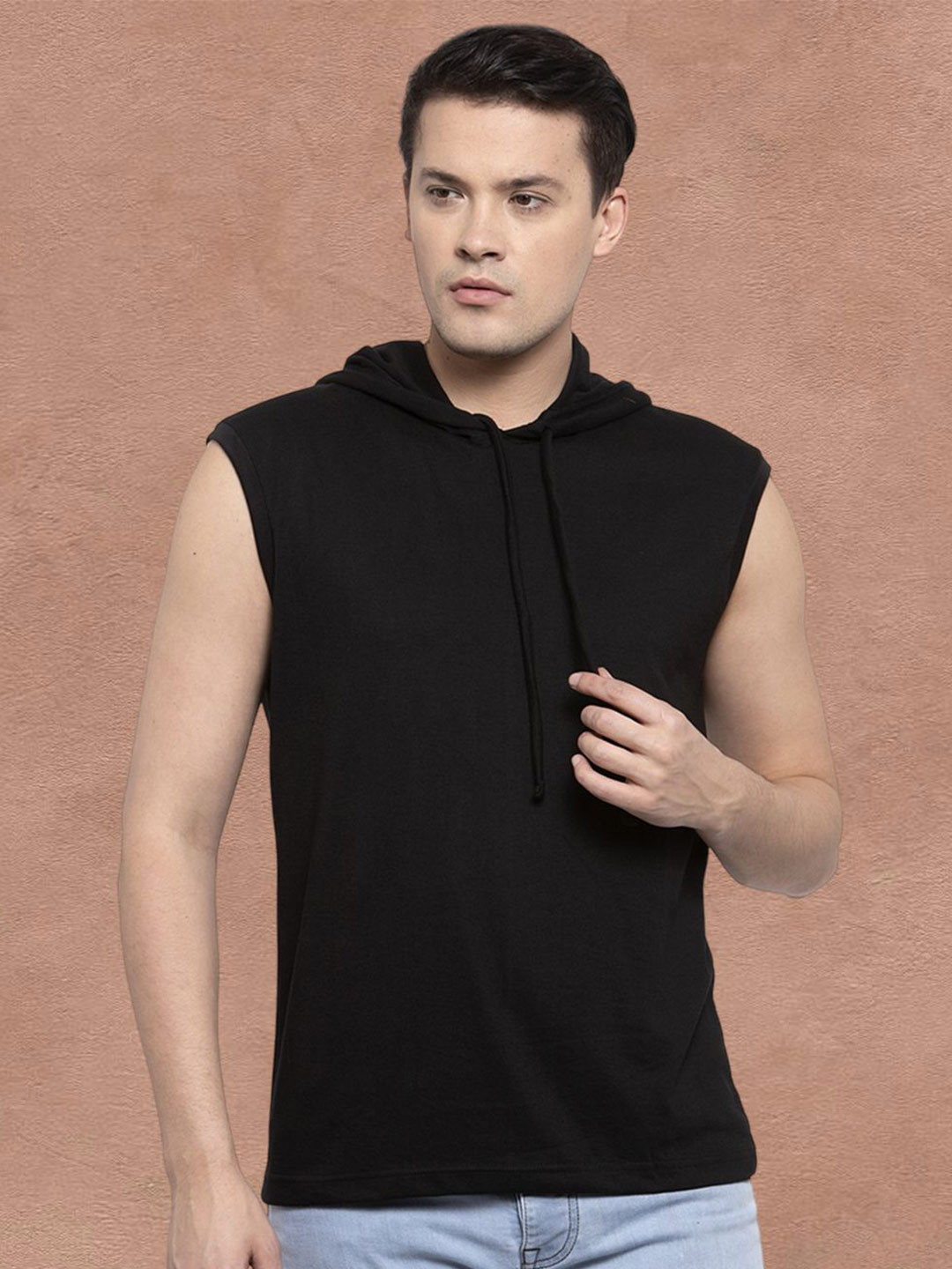 Friskers Men Black Cotton Solid Hoodie T-shirt