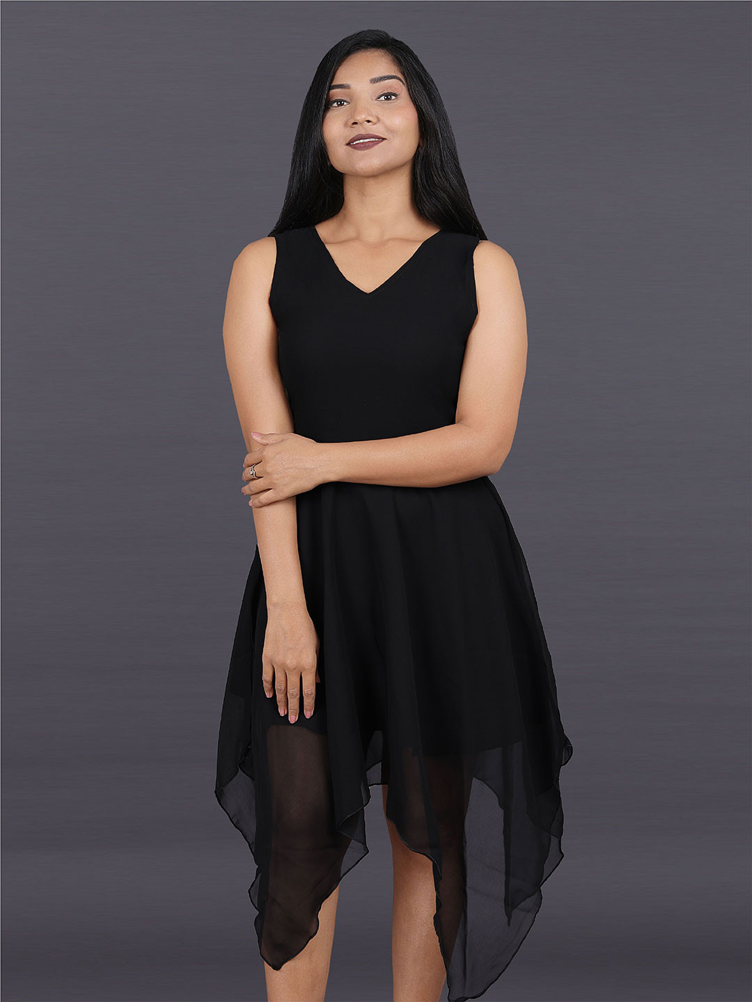 La Aimee Women V-Neck Asymmetric Hem Fit & Flare Sleeveless Dress