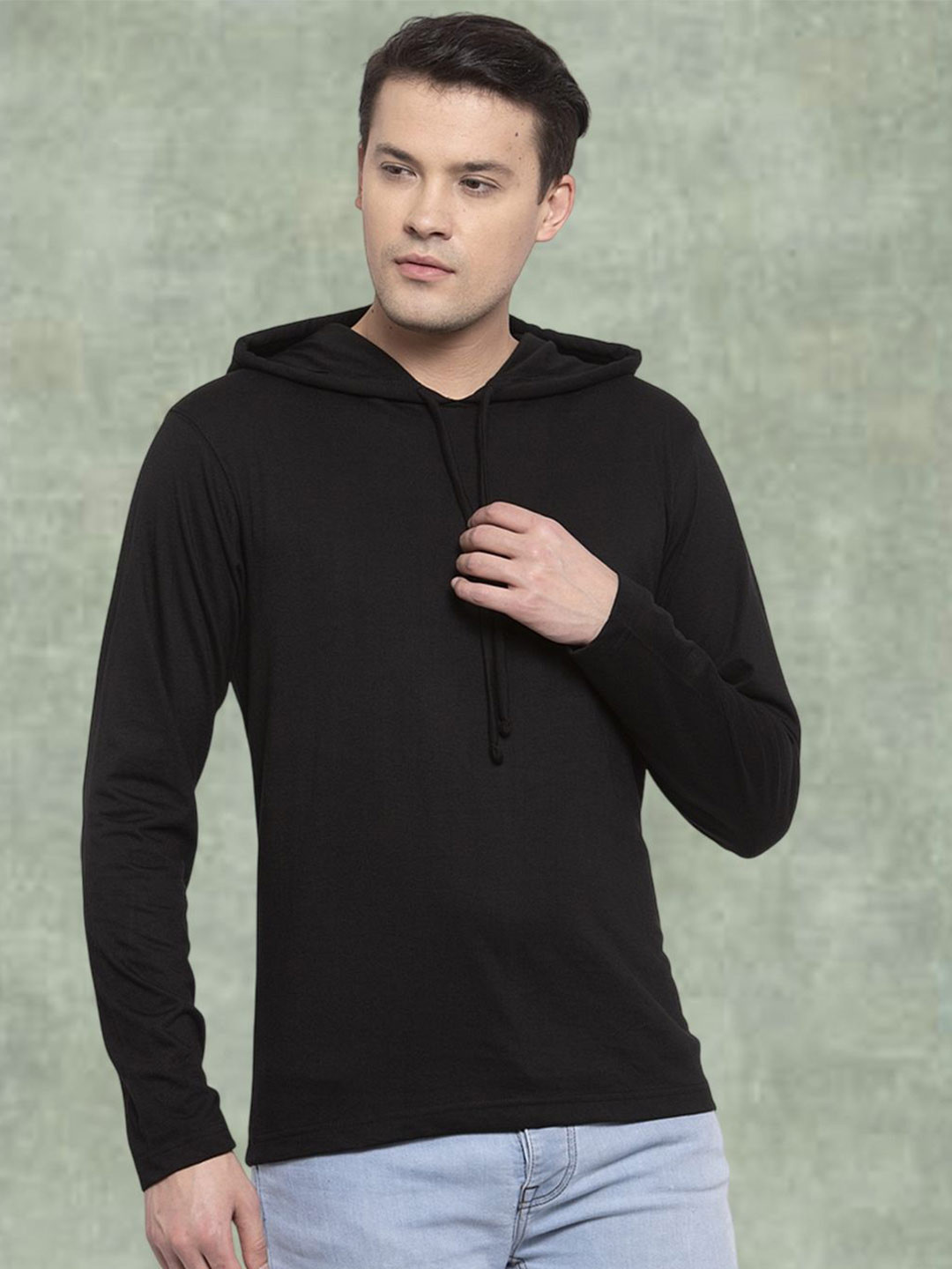 Friskers Men Black Cotton Solid Hoodie T-shirt