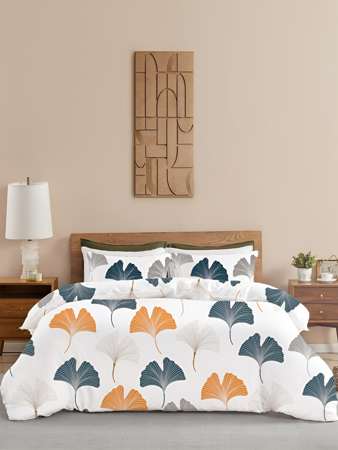 HOMEMONDE Mustard & Grey Printed Cotton King Duvet Cover