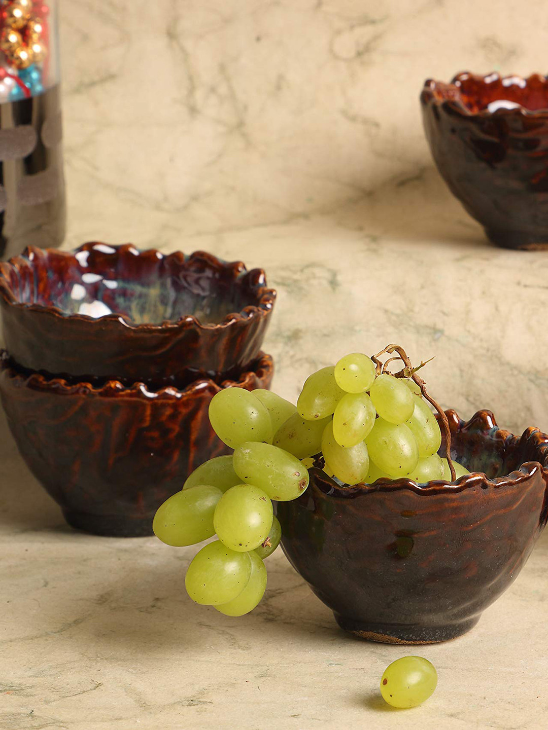 AMALAFIEE CERAMICS Brown 6 Pieces Textured Ceramic Microwave Safe Serving Bowls