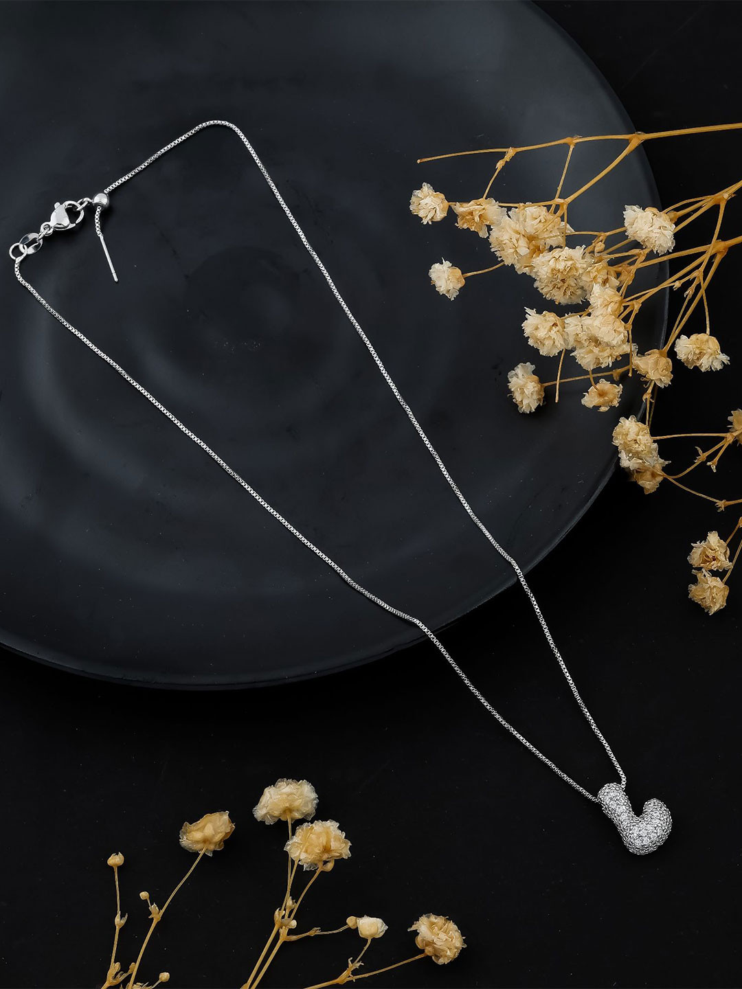 SKY SHOPPERS Unisex Silver-Plated Cubic Zirconia Studded L Alphabet Initial Chain