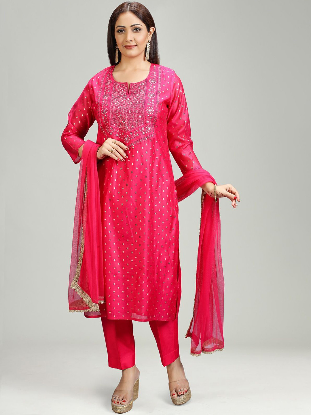 COTTON CULTURE Floral Embroidered Thread Work Chanderi Cotton Straight Kurta Set