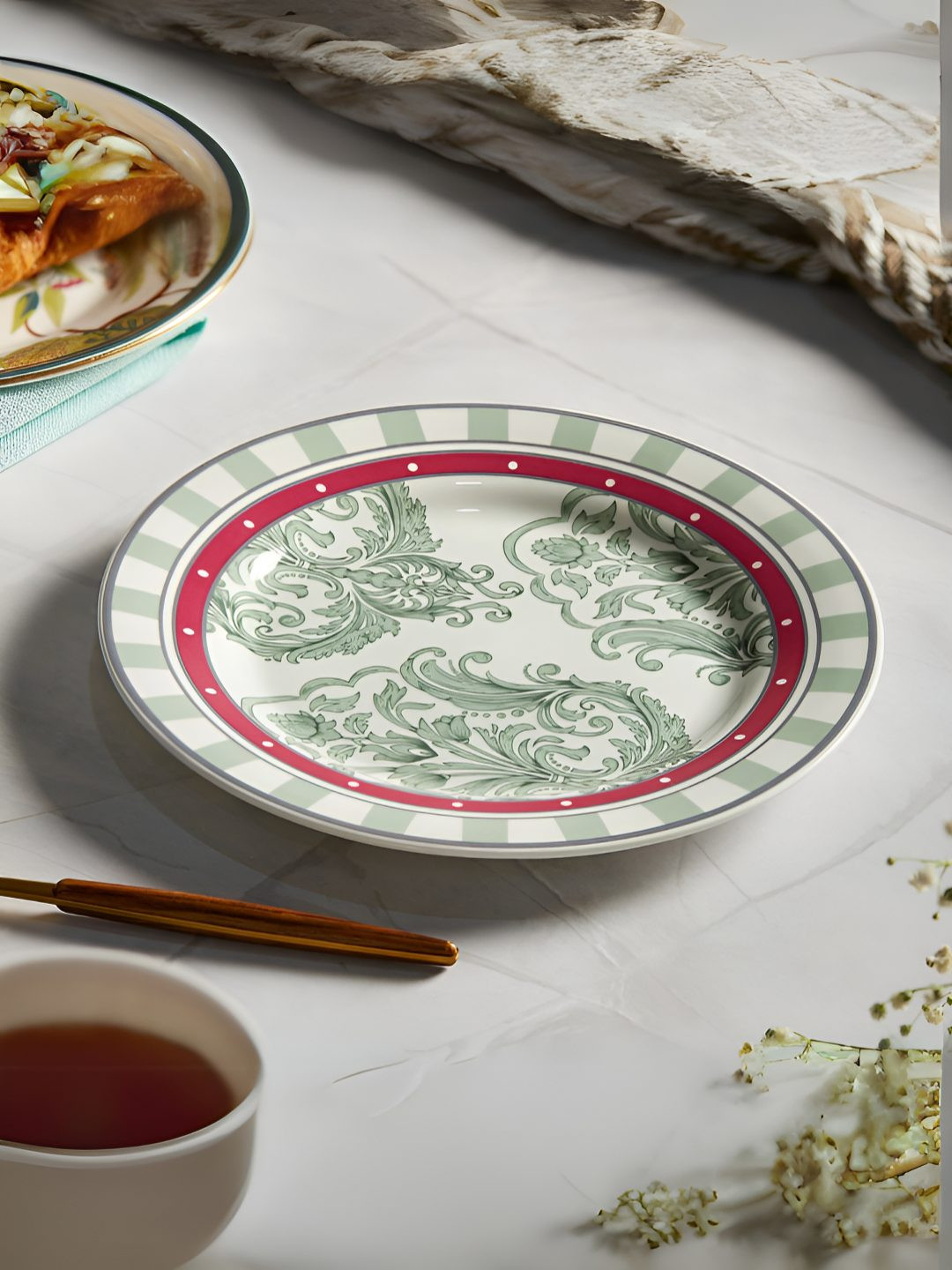 CLAY CRAFT  White & Green 4 Pieces Ceramic Dishwasher and Microwave Safe Plates