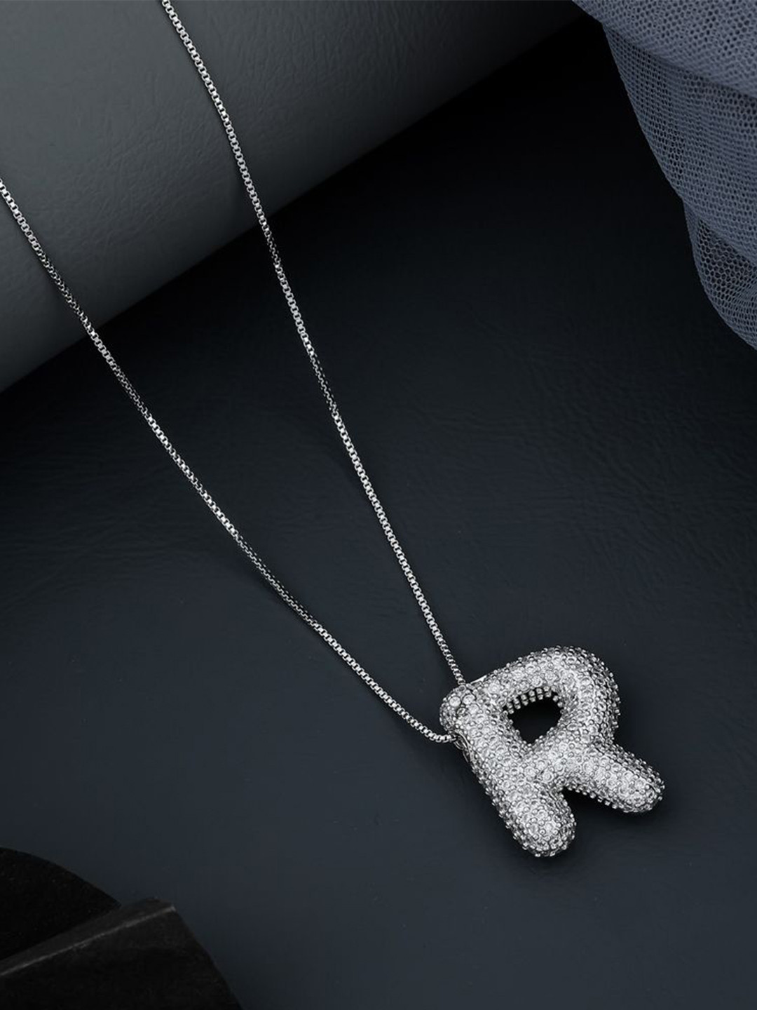 SKY SHOPPERS Unisex Silver-Plated Cubic Zirconia Studded Alphabet R Pendant With Chain