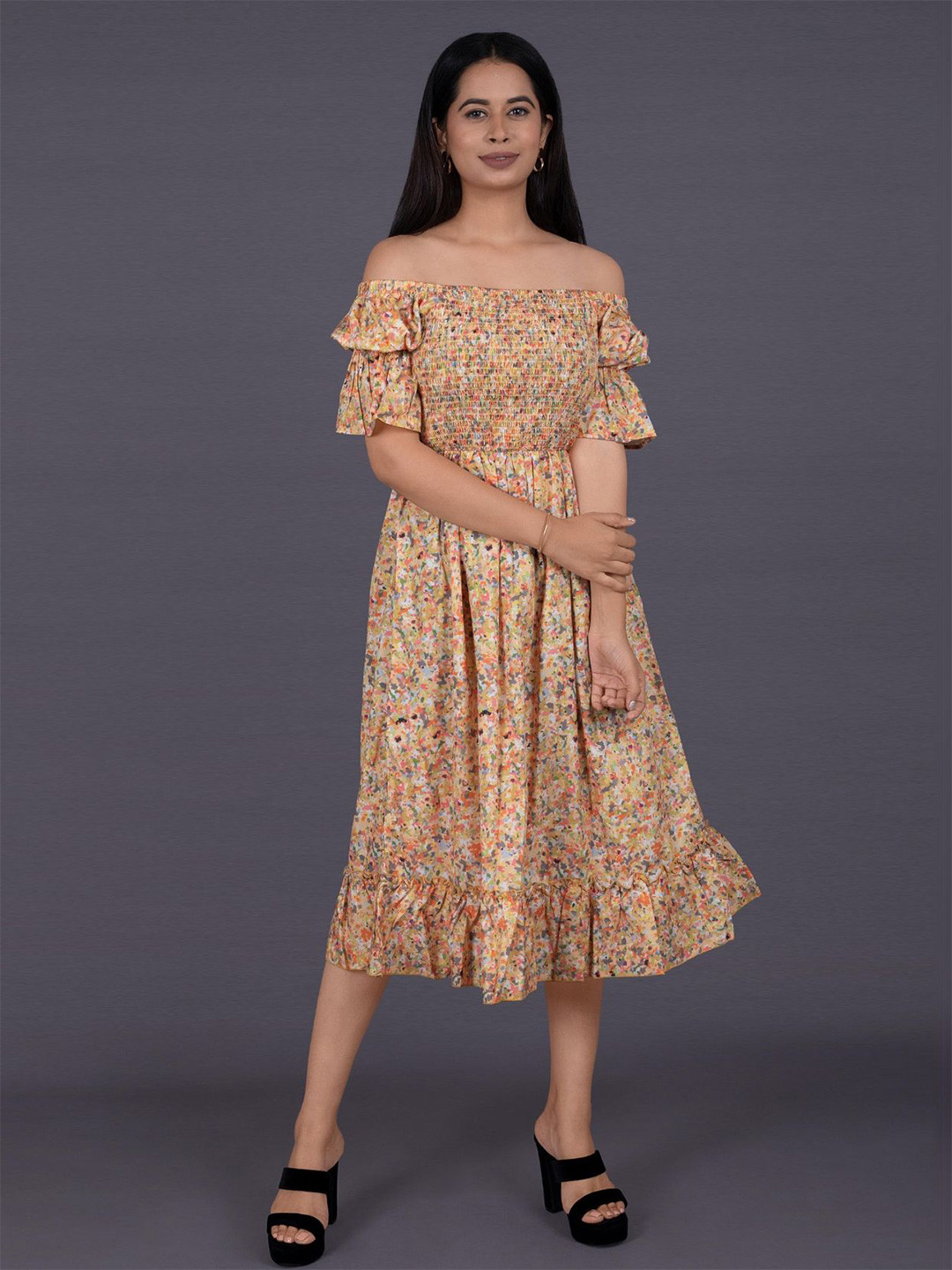 La Aimee Floral Printed Off-Shoulder Smocked Fit & Flare Midi Dress