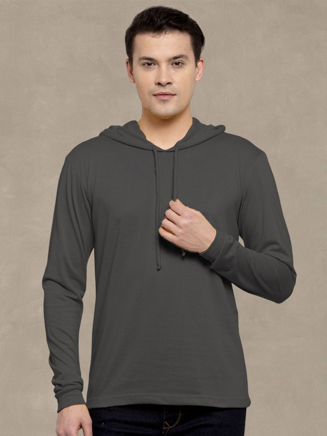 Friskers Men Dark Grey Cotton Solid Hoodie T-shirt