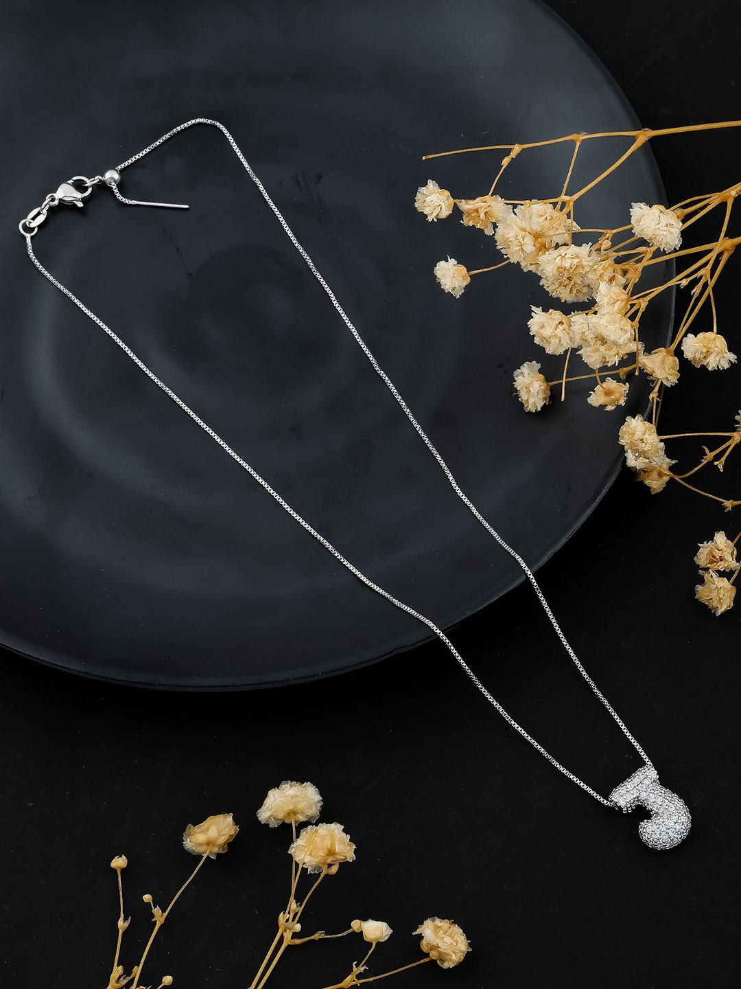 SKY SHOPPERS Unisex Silver-Plated Cubic Zirconia Studded J Alphabet Initial Chain