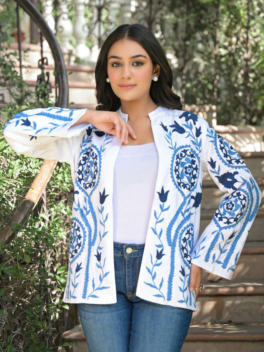 Zolo Label Women Mandarin Collar Floral Embroidered Cotton Casual Open Front Jacket