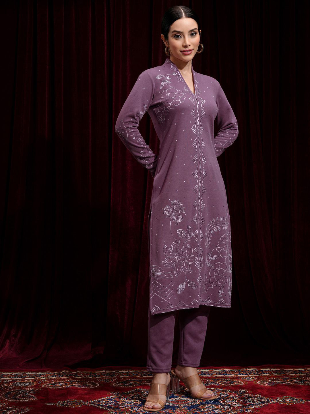 Vishudh Purple Floral Printed Printed V-Neck Long Sleeves Regular Kurta With Trouser