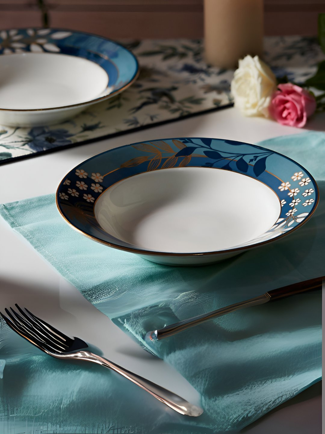 CLAY CRAFT  White & Blue 2 Pieces Ceramic Easy to Clean Plates