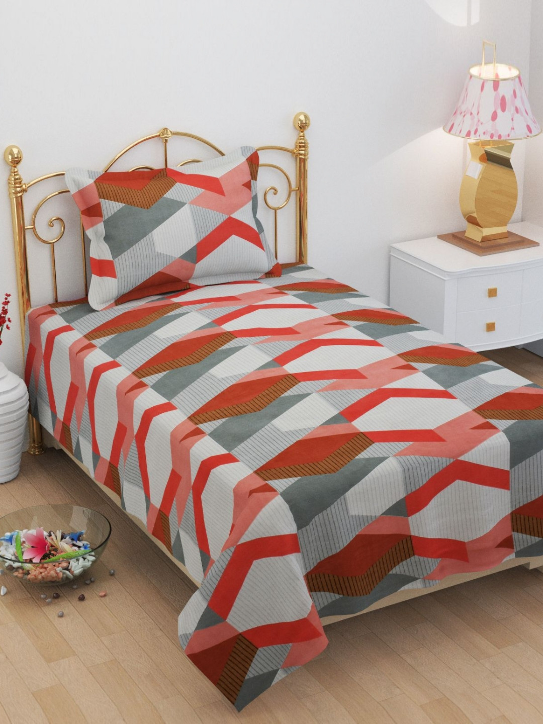 FINE TEX WORLD Mayur Red Geometric Microfiber 210 TC Single Fine Bedsheet with a Pillow Cover-90 x 59 inches