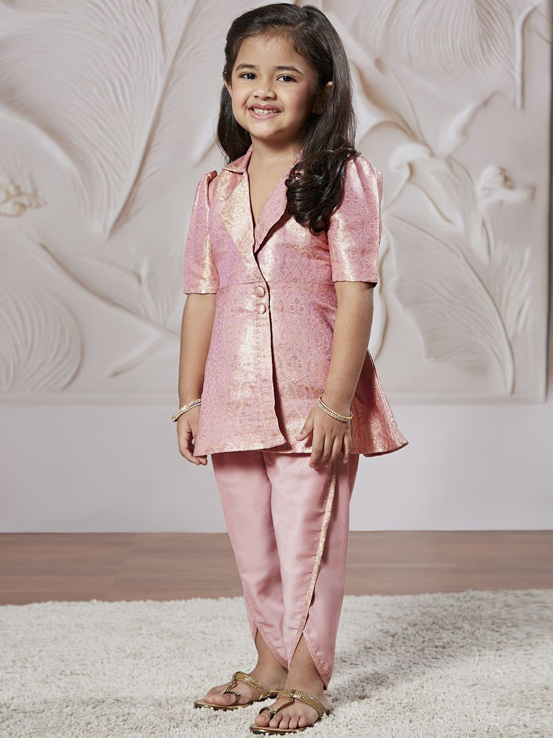 VASTRAMAY Girls Floral Woven Design Lapel Collar Regular Kurta With Dhoti Pant