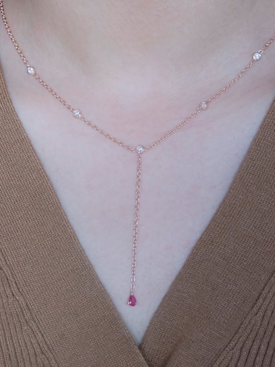 Anushka Jain Jewellery 925 Sterling Silver Gold-Plated Ruby Duet Lariat Necklace
