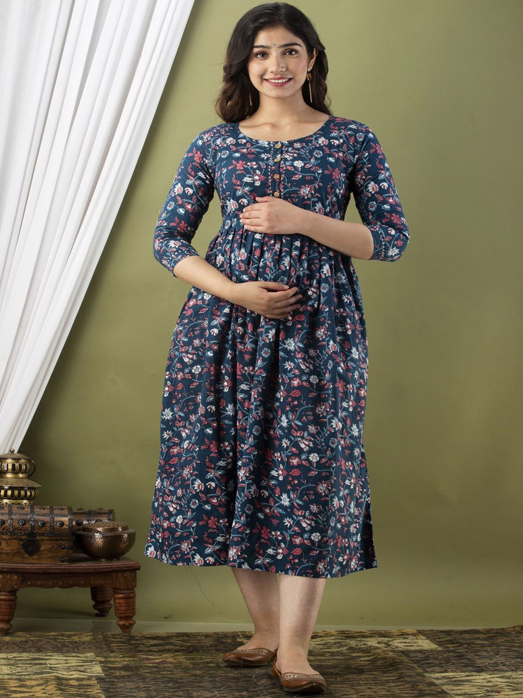 Nevisha Style Floral Printed Round Neck Three-Quarter Sleeves Pure Cotton Ethnic Dress