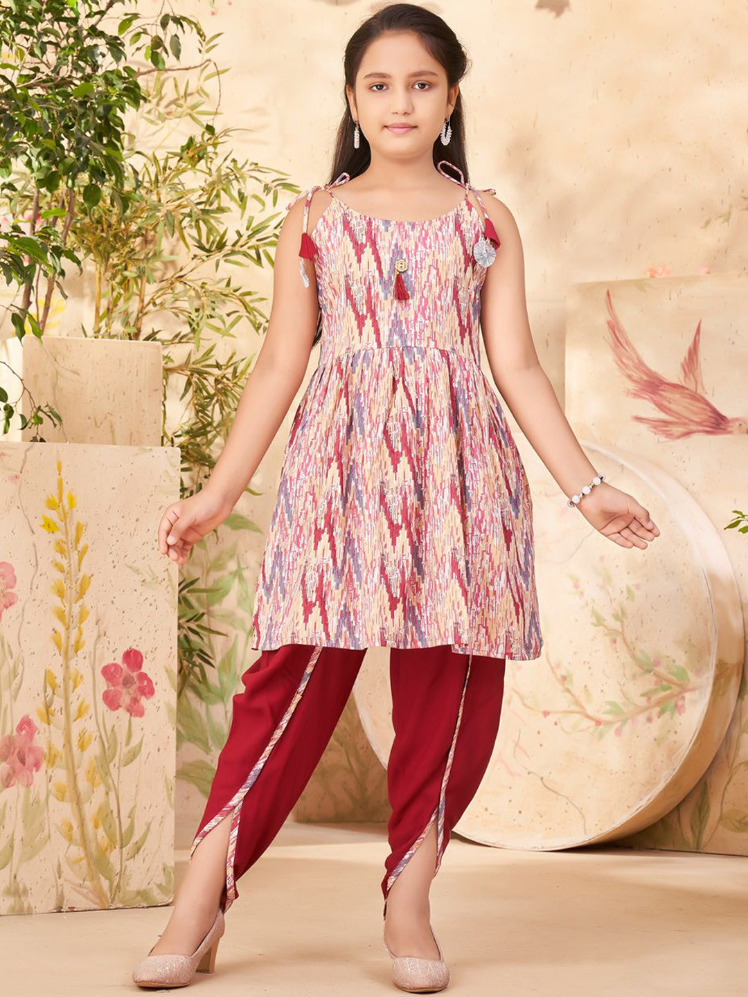 Sangria Girls Abstract Printed Cotton A-Line Kurta With Dhoti Pant