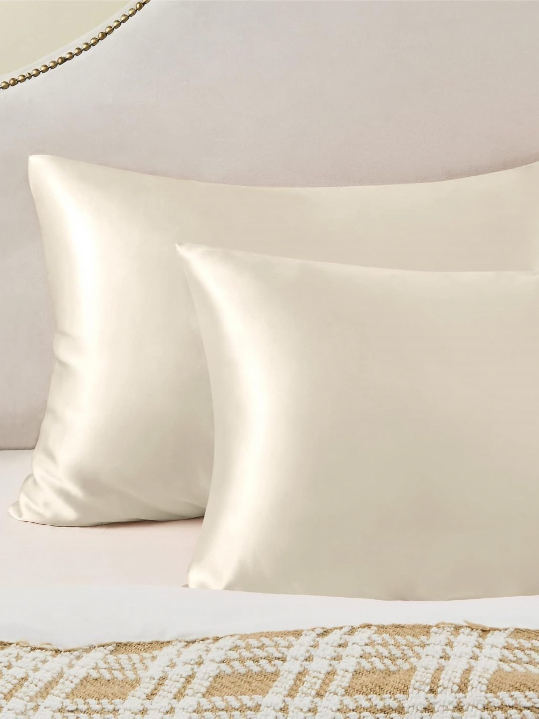 DEHMAN Beige 2 Pieces Pure Silk Rectangle Pillow Covers