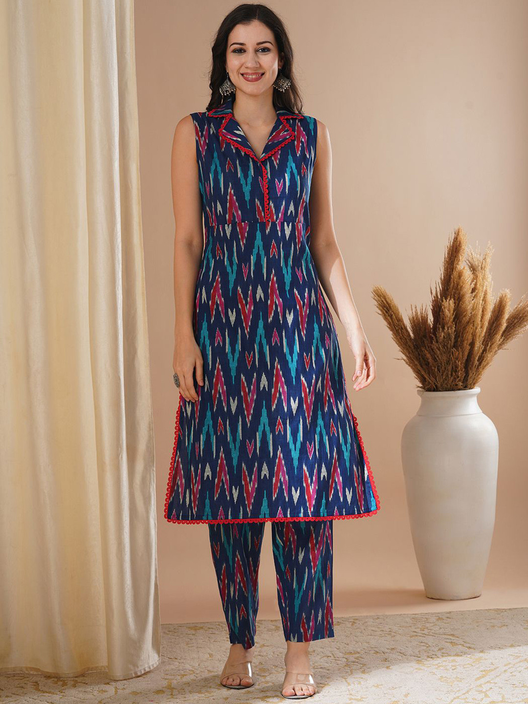 FASHOR Blue and Red Printed Lapel Collar Tunic With Trousers