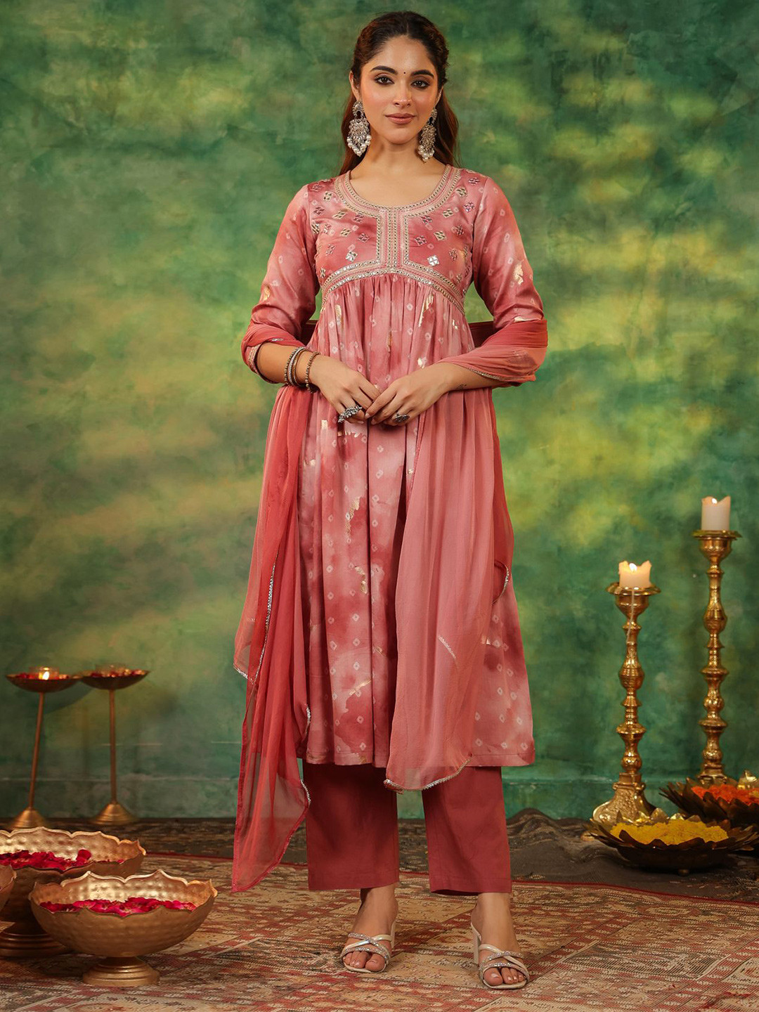 Rain & Rainbow Bandhani Printed Pure Cotton Anarkali Kurta With Trousers & Dupatta