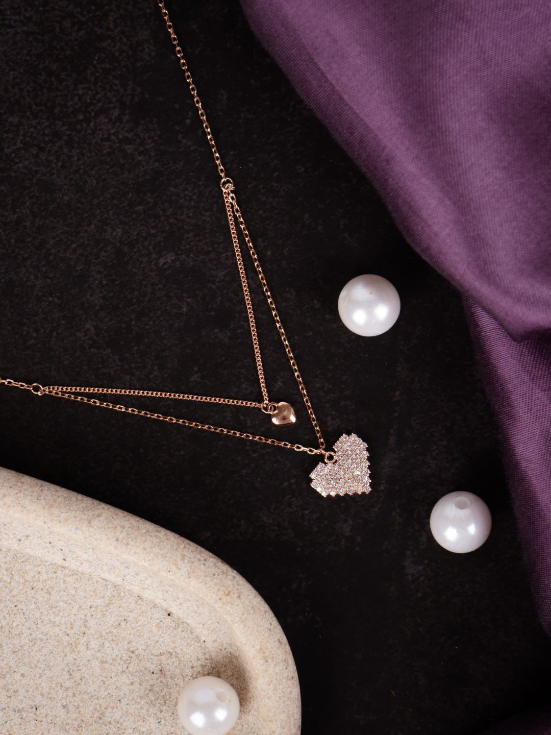 GLYTERS 925 Silver Rose Gold-Plated Double Heart Chain