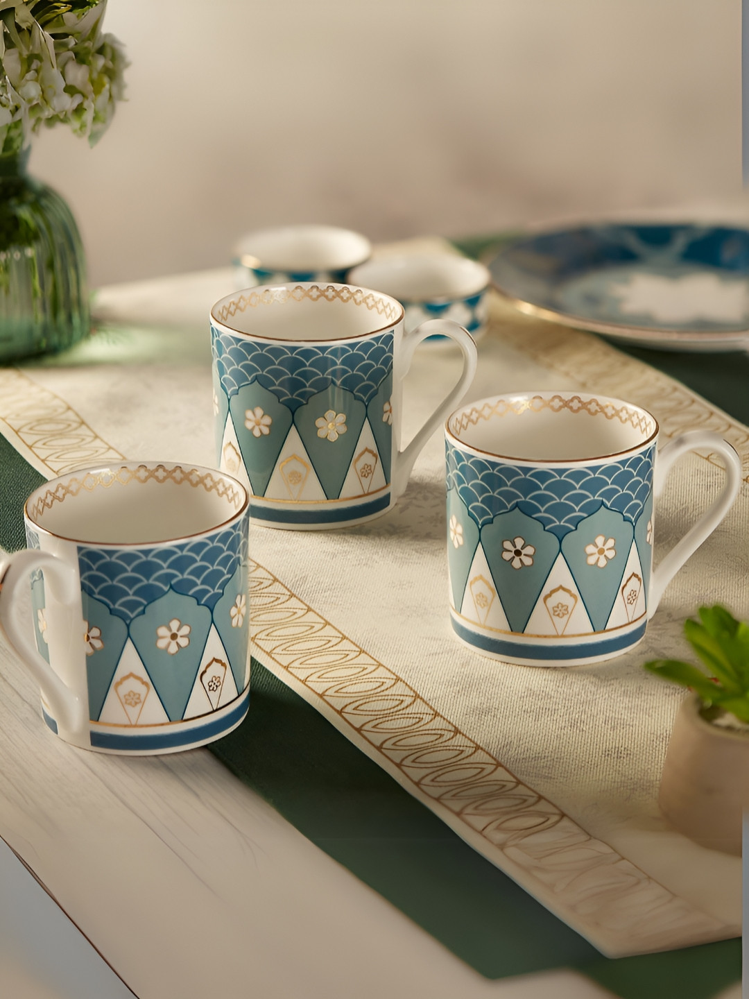 India Circus Rainbow Blue Floral Ceramic Dishwasher Safe 6 Piece Cups-220ml