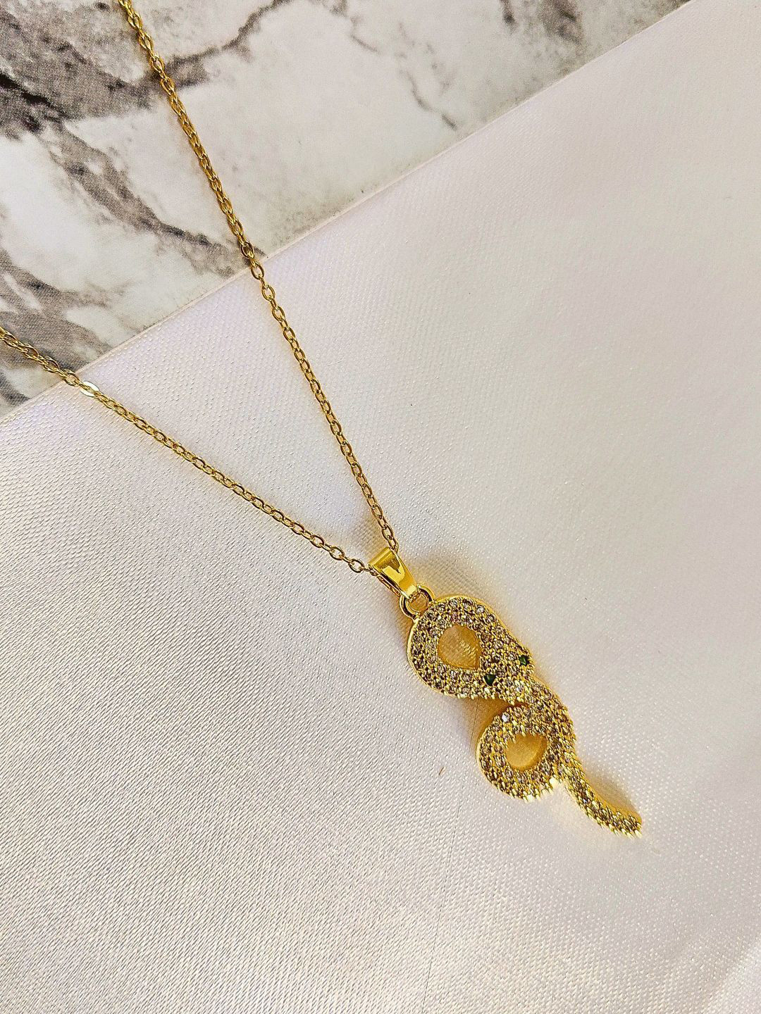 DressBerry Stainless Steel 18K Gold-Plated Stone Studded Snake-Charm Pendant With Chain