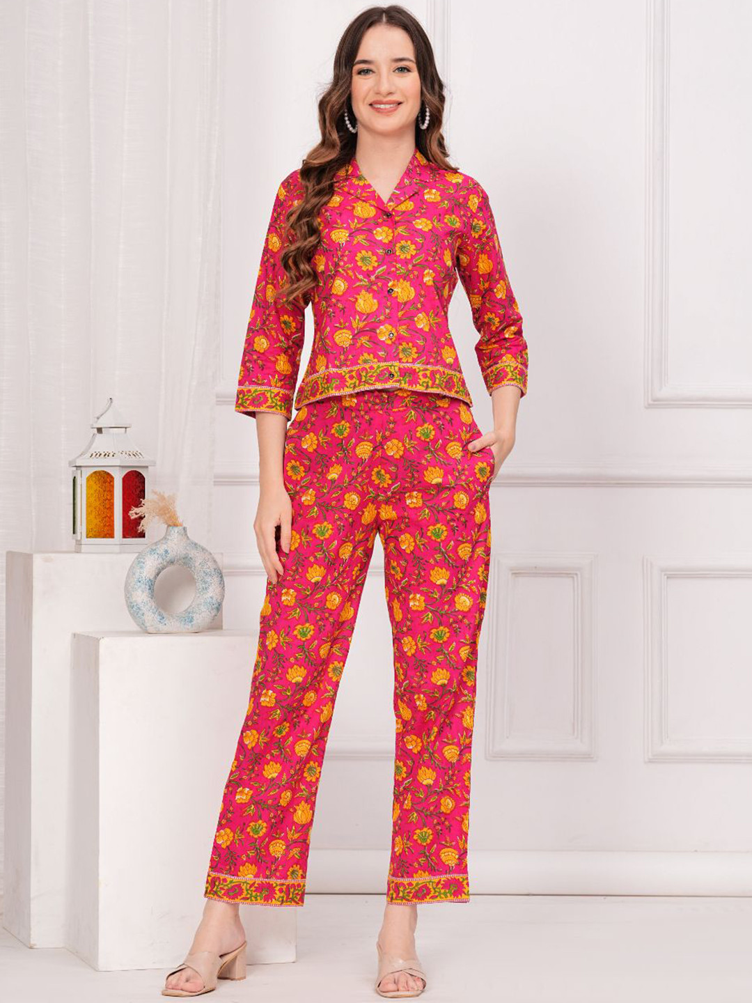 KALINI Lapel Collar Printed Cotton Shirt & Trousers