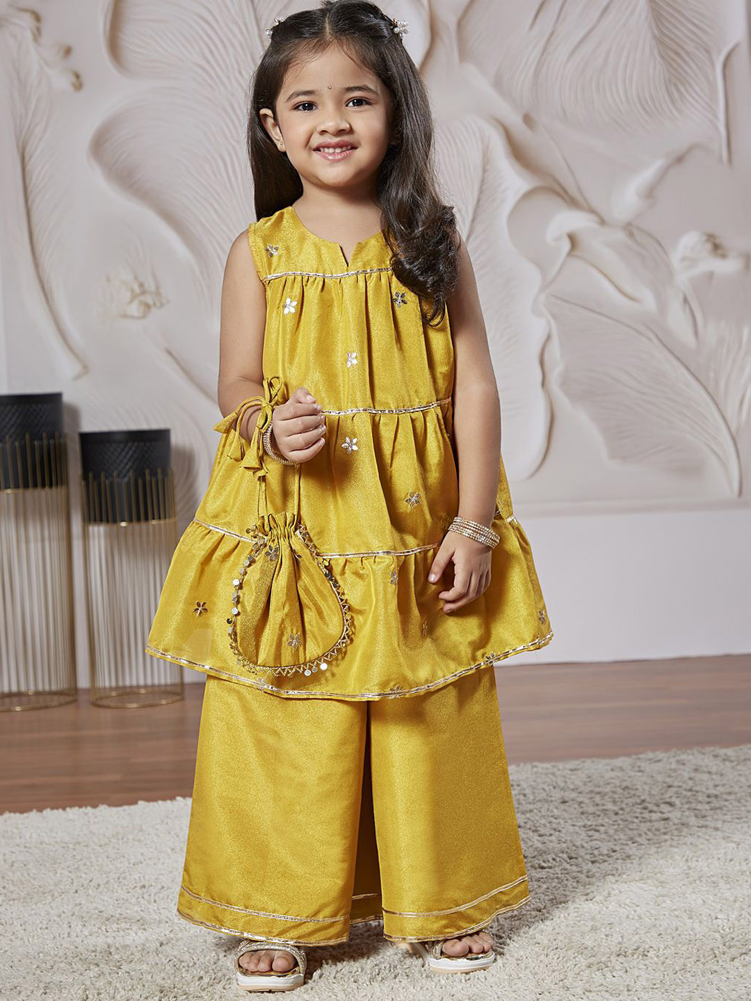 VASTRAMAY Girls Floral Embroidered Layered Tissue Kurta With Palazzo With Potli Bag