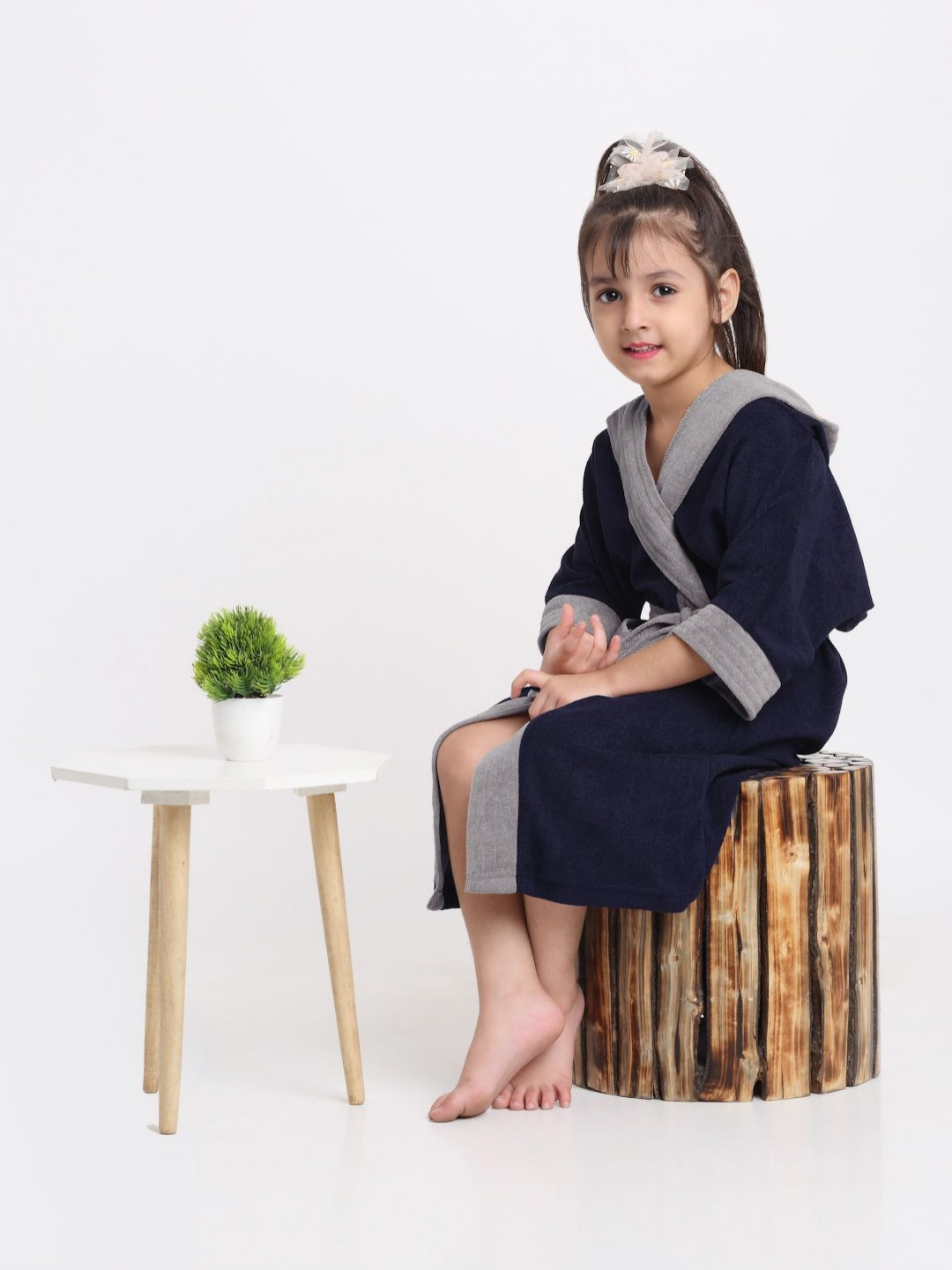 Creeva Melodious Navy Blue Solid Polyester Drawstring Midi Bath Robe-4-5Y