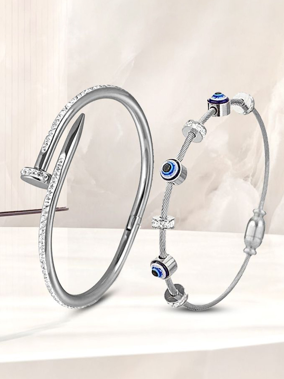 DIVASTRI Women Pack Of 2 Silver Platde American Diamond Antique Kada Bracelet