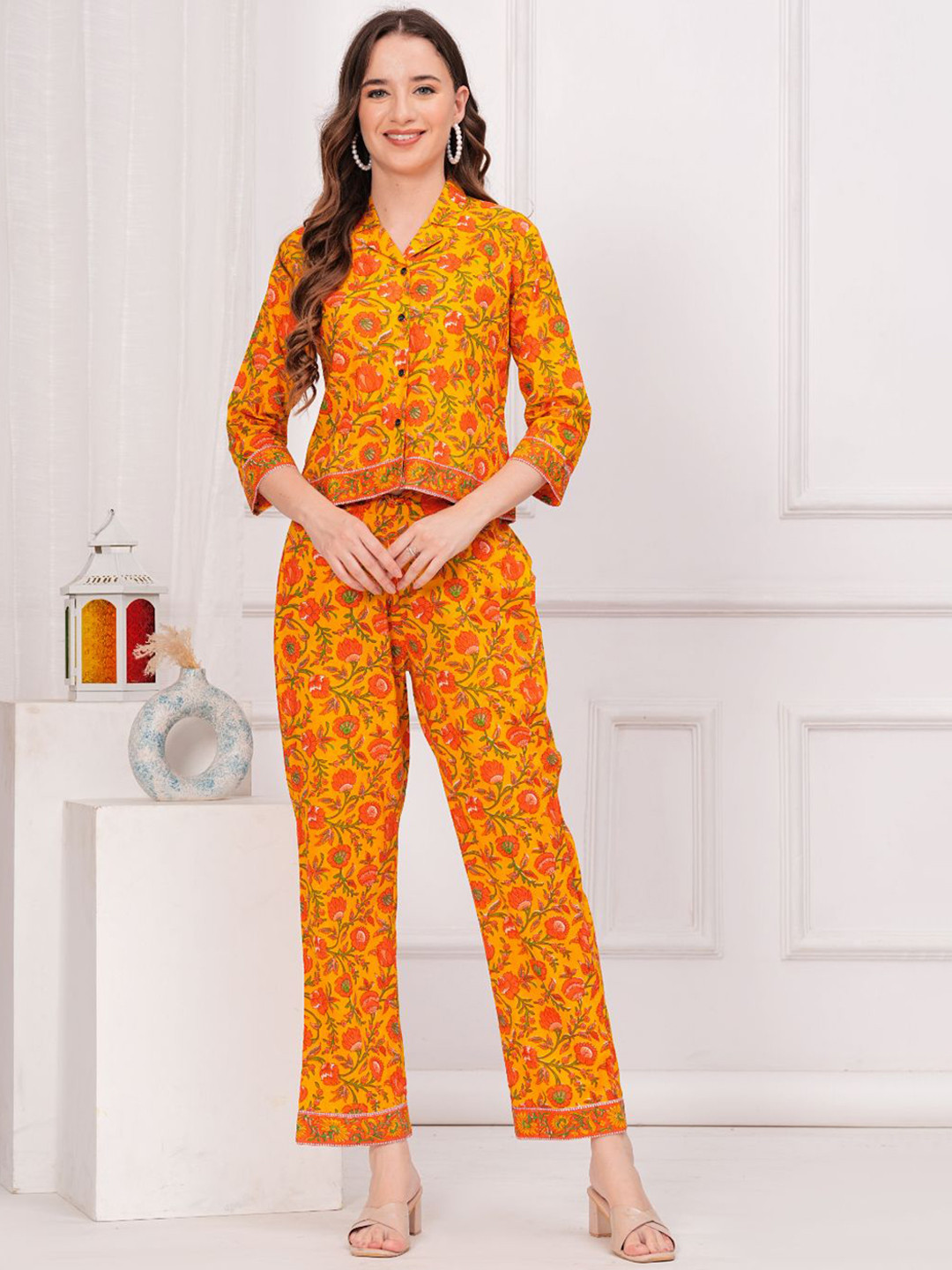 KALINI Yellow Floral Printed Cuban Collar Pure Cotton Shirt With Trousers