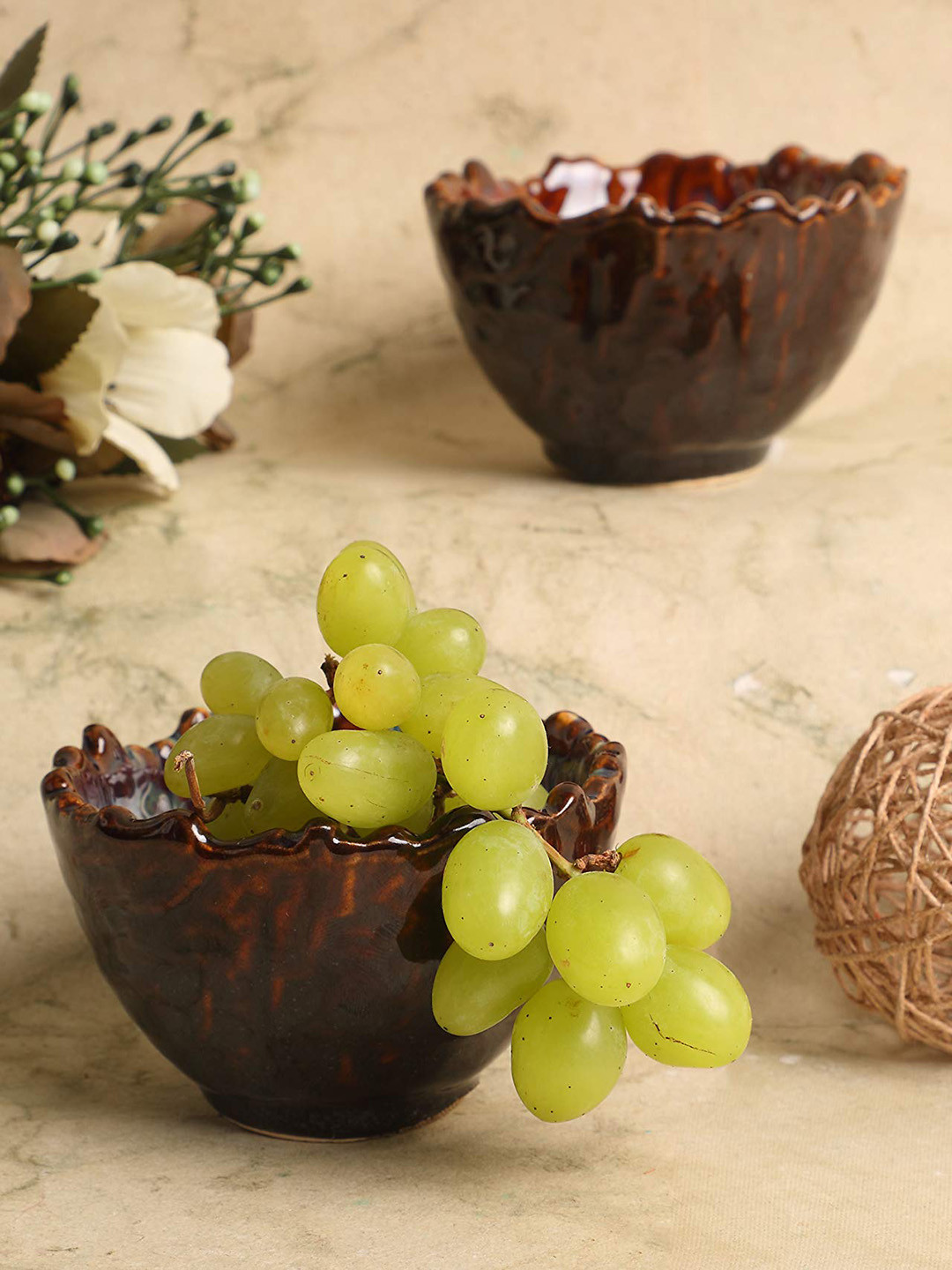 AMALAFIEE CERAMICS Brown 2 Pieces Textured Ceramic Microwave Safe Glossy Serving Bowls