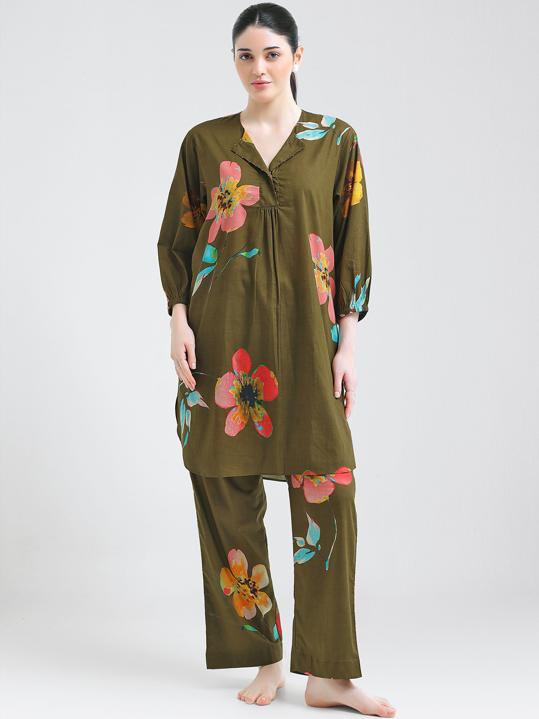 I like me Olive Floral Printed Cotton Tunic With Trousers