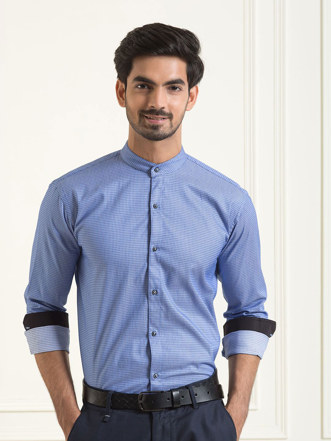 Mculine Men Standard Micro Ditsy Printed Band Collar Cotton Casual Shirt